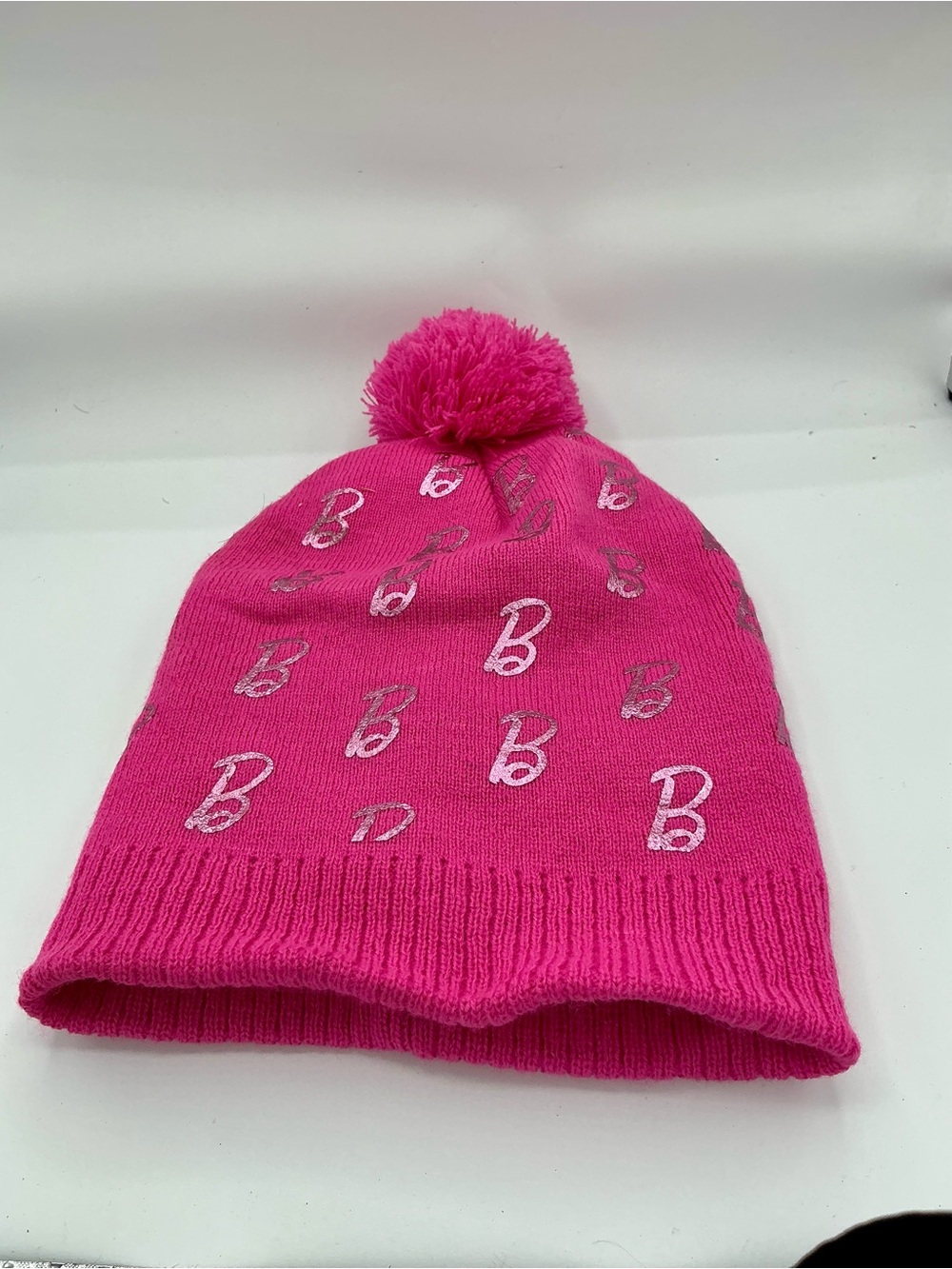 Barbie Pink Pom Pom Beanie Hat with Metallic B Logo